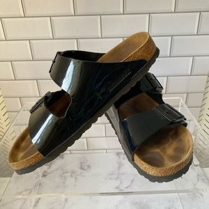 Patent leather black Birkenstock sandals, Size 8